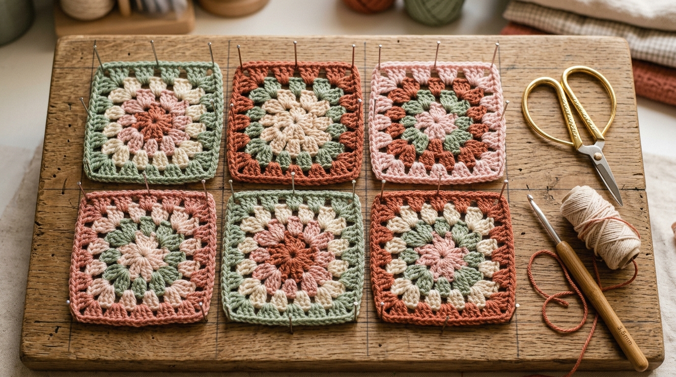 Classic Granny Square Pattern Step by Step Beginner Guide Blocking Board