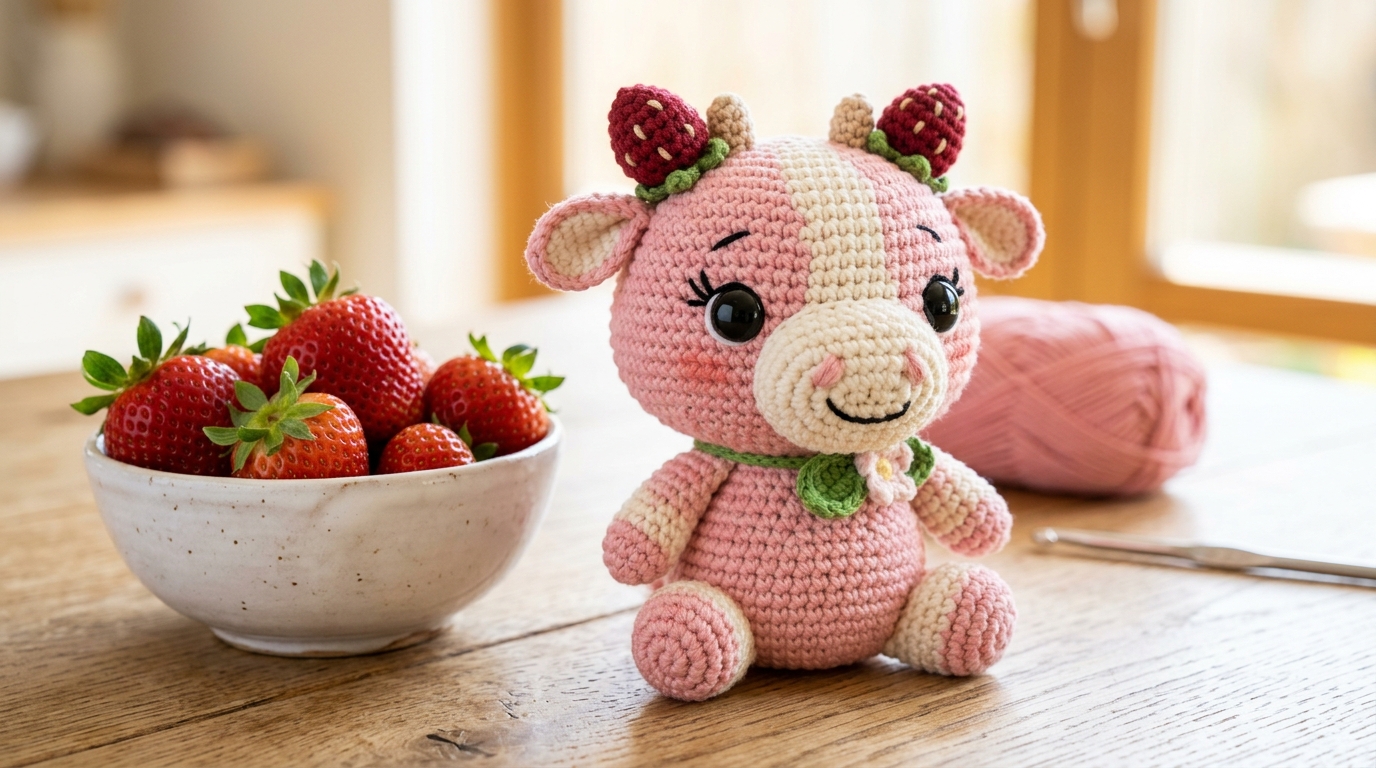 Free Crochet Strawberry Cow Pattern Chubby Kawaii Amigurumi Plushie