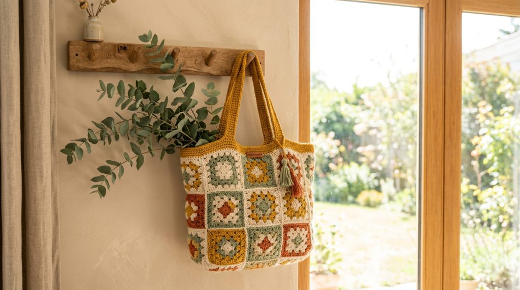 Modern Granny Square Tote Bag Free Crochet Pattern Finished Boho Market Bag